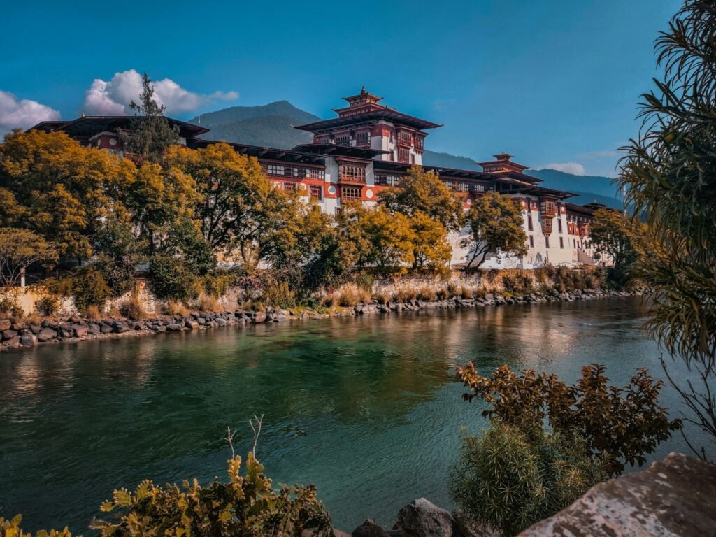 Punakha Dzong on hill next to river, Bhutan
