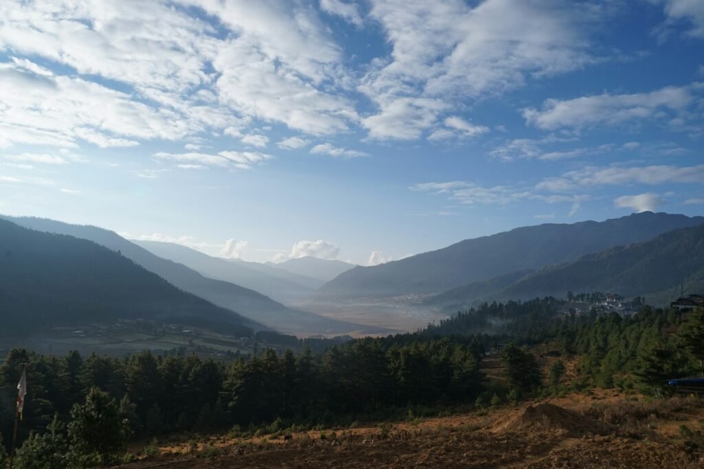 Phobjikha Valley landscape with trees and mountains, Bhutan