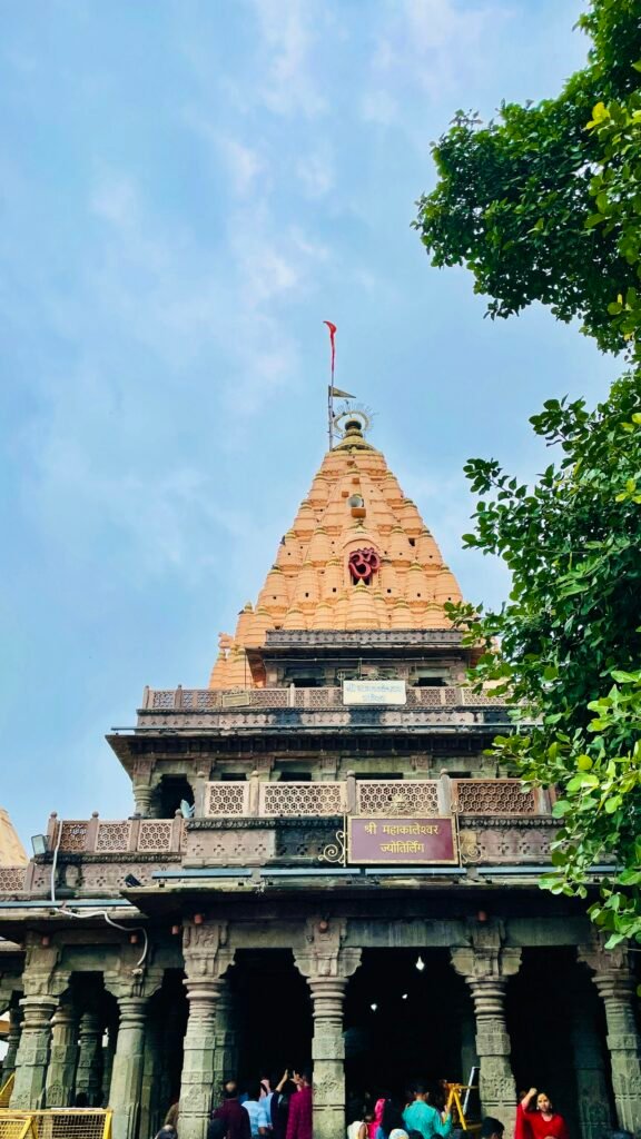 Mahakaleshwar Jyotirlinga temple tower against blue sky, Ujjain