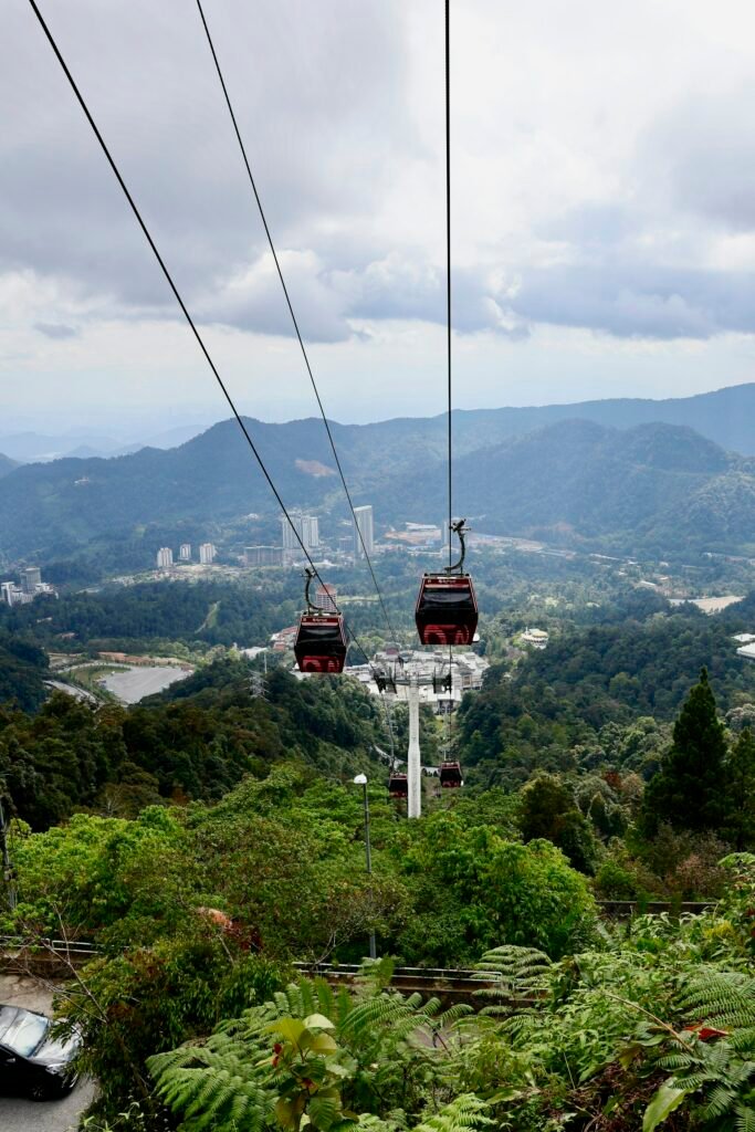 Cable cars/gondola lifts above forest, Genting Highlands, Malaysia