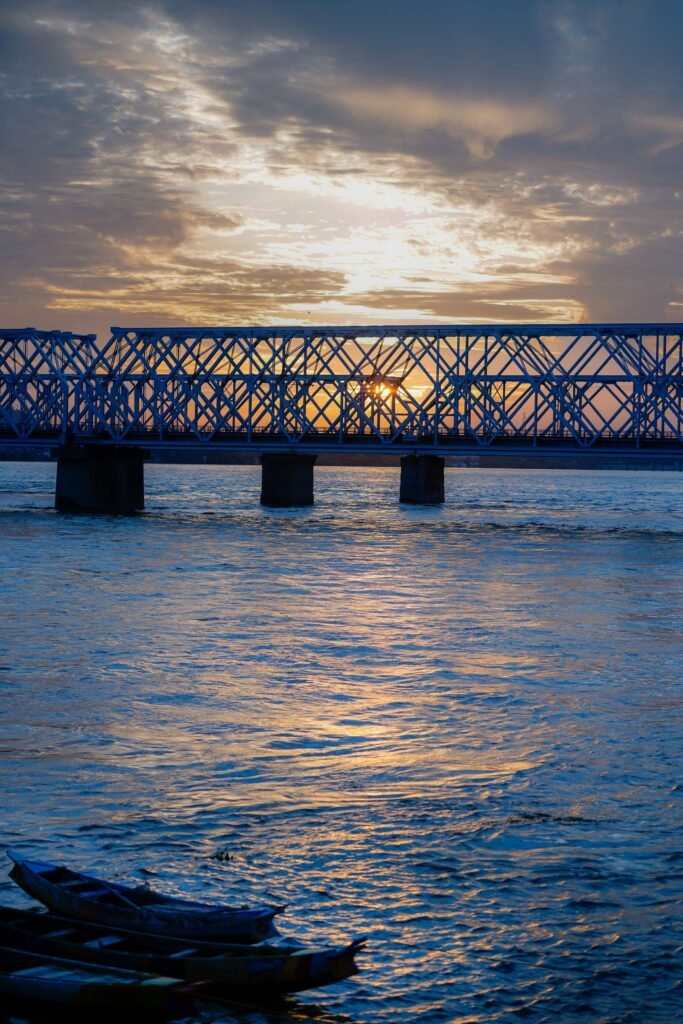 Iron bridge over Krishna River at sunrise, Vijayawada