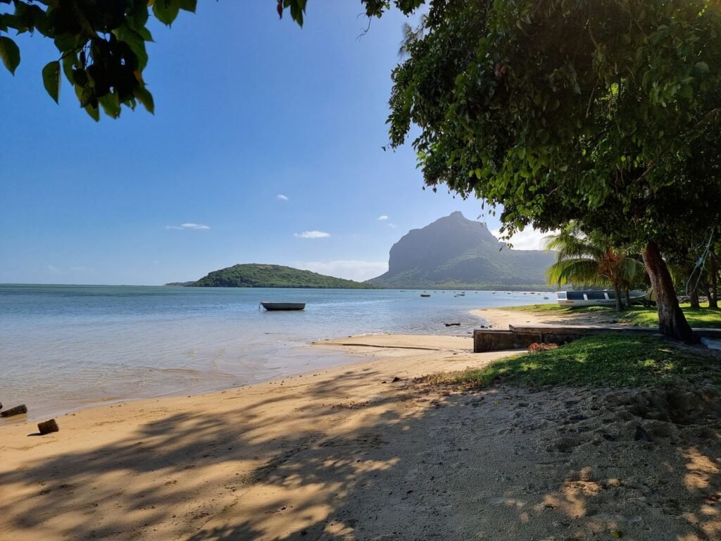 Beach with Le Morne Brabant mountain in background, Mauritius