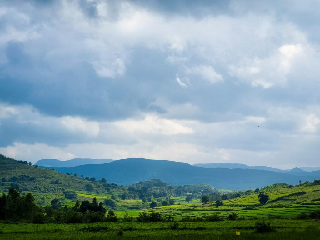 Lush green valley under cloudy sky, Araku Valley, Andhra Pradesh