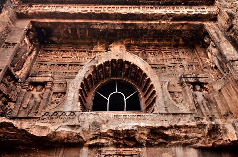 Ajanta Caves rock-cut temple facade, Maharashtra