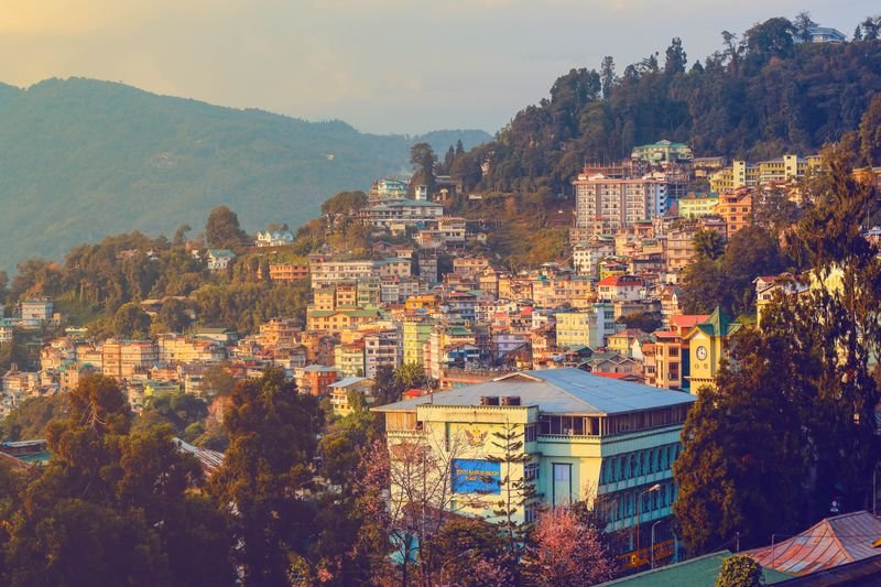 Hillside town of Gangtok, Sikkim at sunset