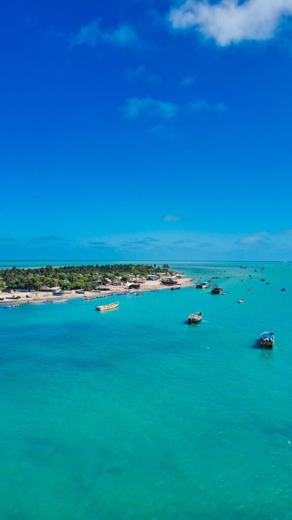 Aerial view of a Lakshadweep island and turquoise sea