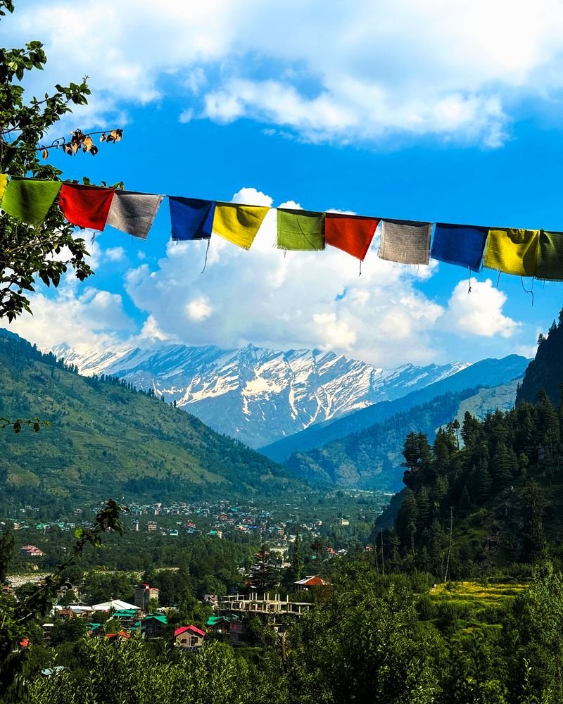 Prayer flags above Manali valley and Himalayan peaks