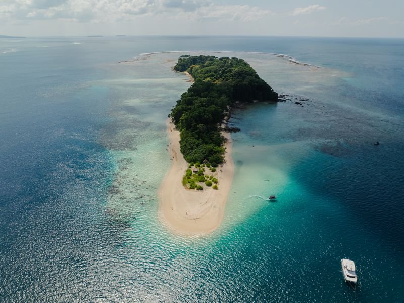 Aerial view of an Andaman island with white sand