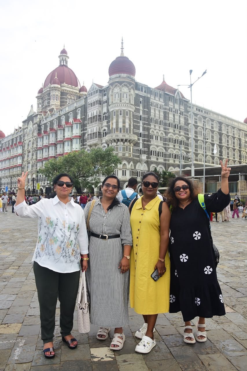 Siona Tours travellers in front of the Taj Mahal Palace hotel, Mumbai
